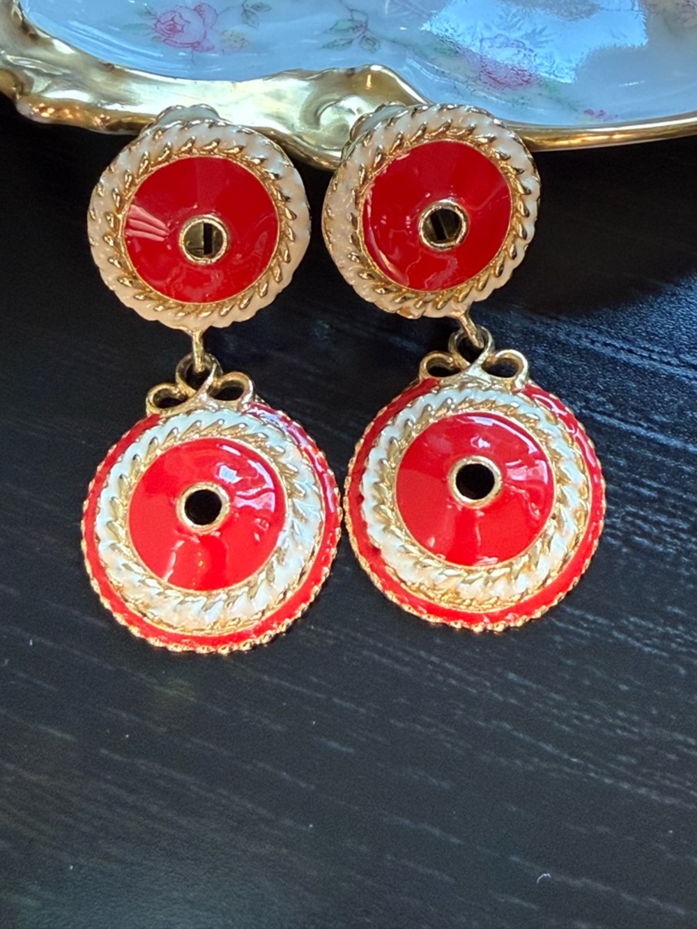 Vintage Red Enamel Double Drop Clip-On Earrings Gold Tone Statement Earrings